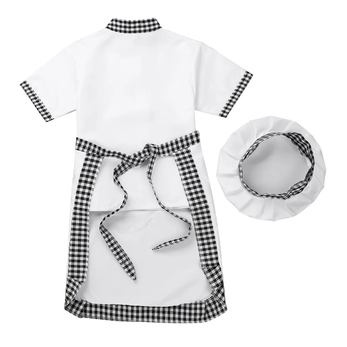 Unisex Boy Girls Chef Cosplay Costume Short Sleeves Jacket with Apron Cap Outfit Kitchen Cook Halloween Party Role Play Costume