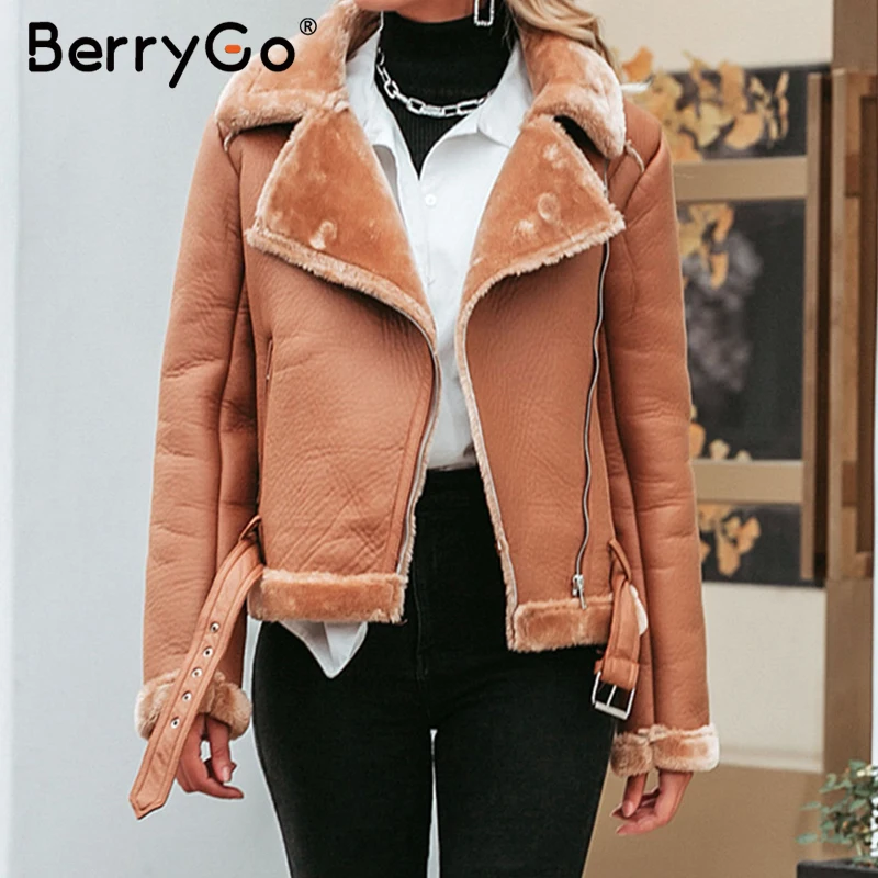 BerryGo осенне зимняя меховая куртка из искусственной кожи Женская винтажная на