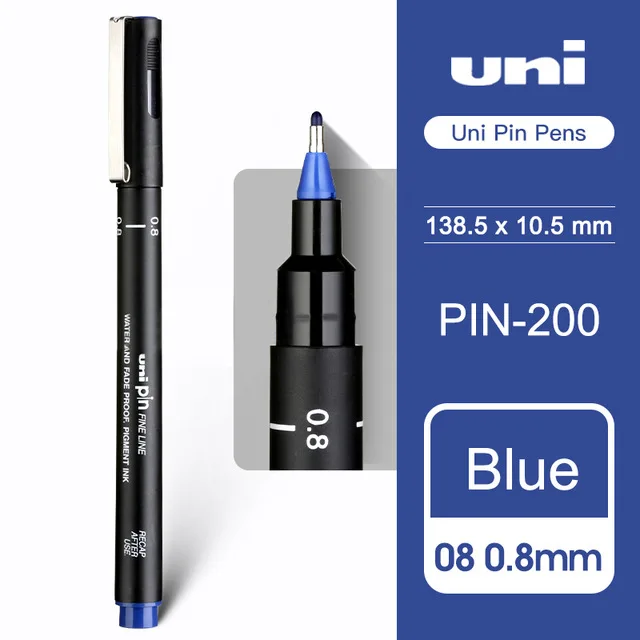 2 шт., ручка для рисования UNI, игла для рисования, для студентов, для рисования, крючок, ручка, штырь-200, водостойкая, для рисования, штрих, для рисования, дизайн линии, черная ручка - Цвет: 0.8mm blue