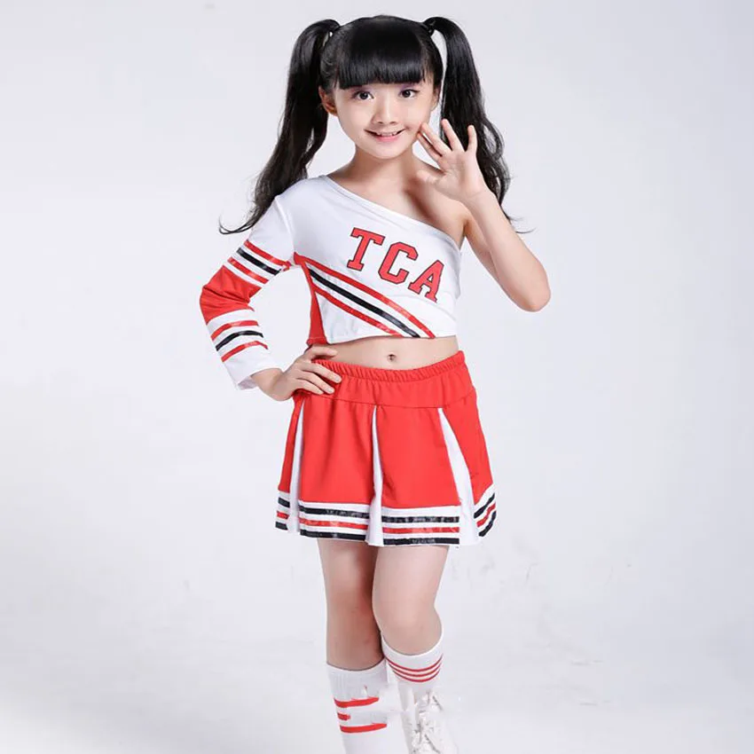 100-170cm Kids Girls Cheerleader Costumes Shoulder Off Vest+ Skirt Student Boys School Uniform Cheerleading Dance Performance