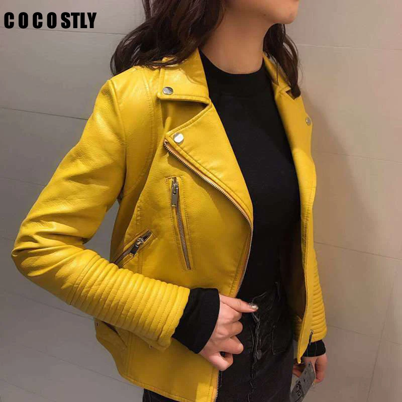 Желтая куртка из искусственной кожи женские байкерские Кофты на молнии chaqueta Блейзер ПУ байкерская куртка jaqueta couro Rock cuir chaqueta mujer