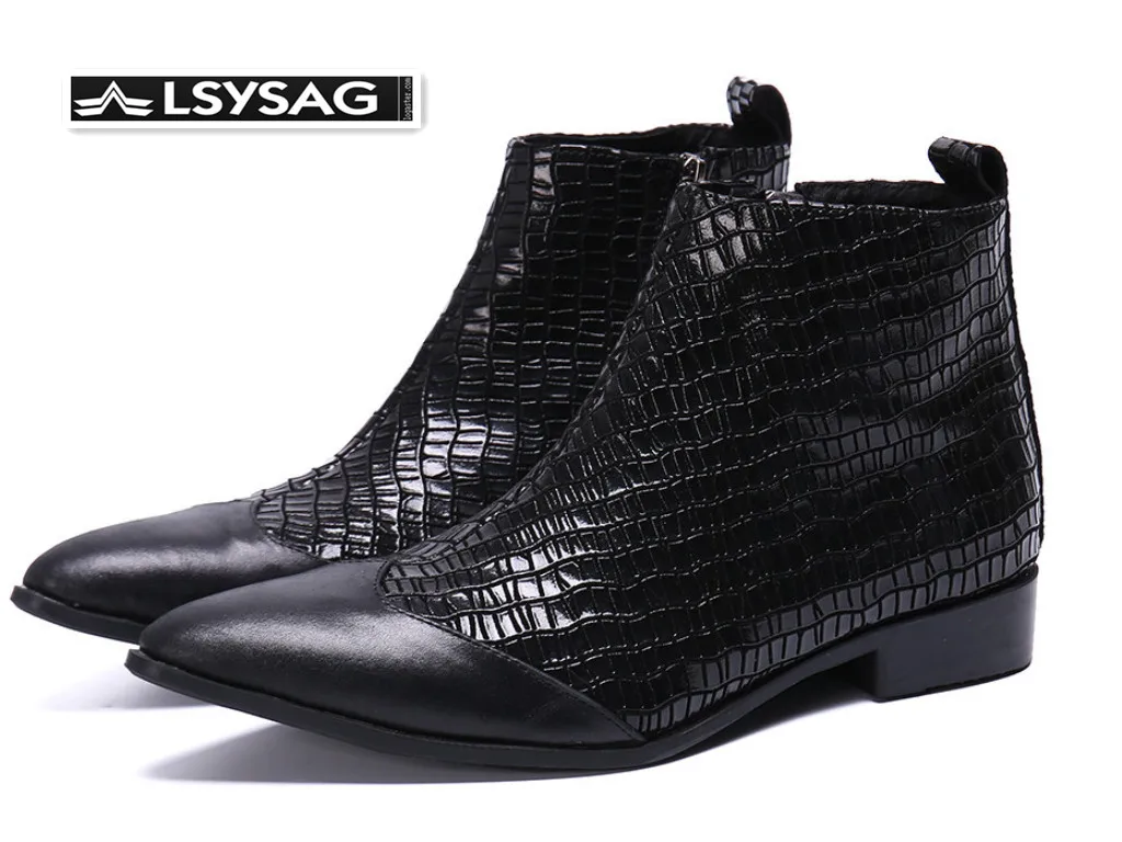 

Snake Pattern Patchwork Men Party Dress Boots Pointed Toe Genuine Leather Boots Men Cowboy Zipper Short Boots