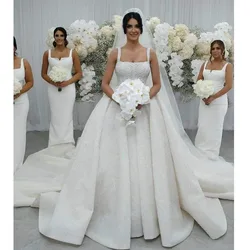 Luxury White New Wedding Dress Beading Sequined  Square collar Sleeveless Sweep Train Bridal Gowns For Women Robe De Mariée