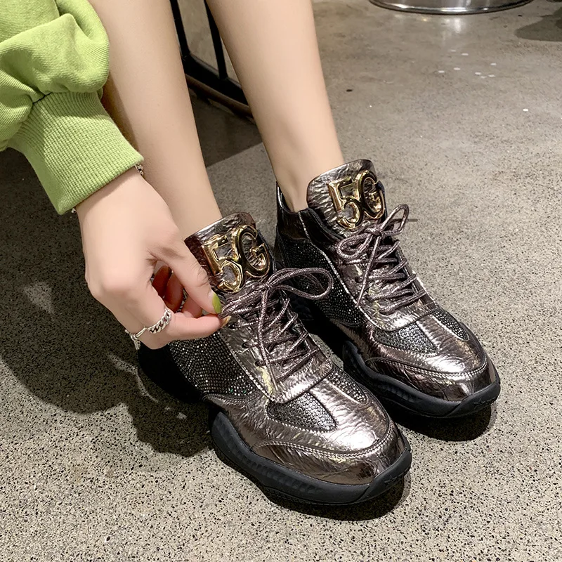 

New Winter Women's Ankle Boots Shoes Rhinestone Leather Lace Up Platform Boots Woman Warm Plush Snow Boots Women E11-96