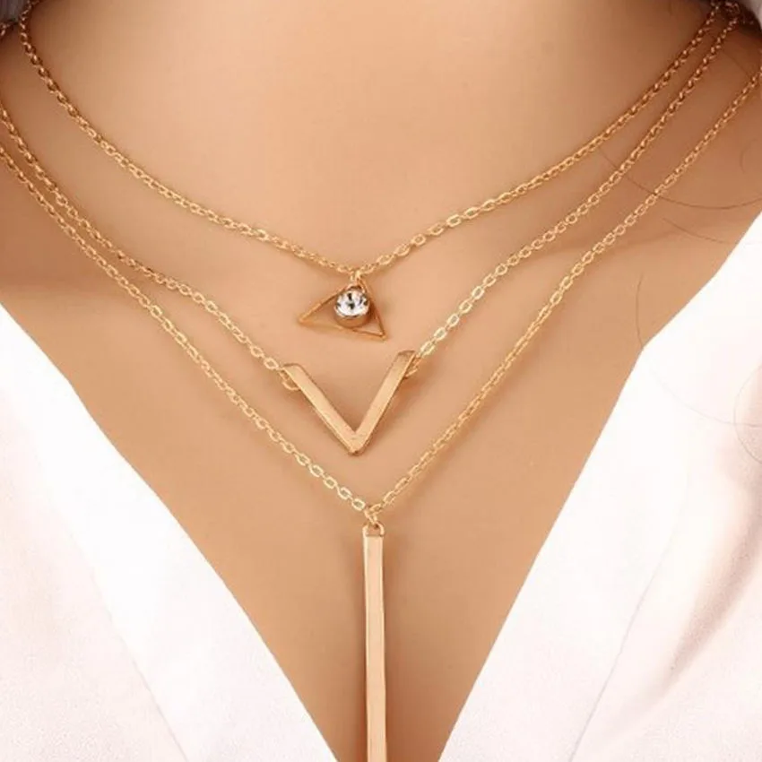 

European and American popular jewelry crystal Sequin Necklace feminine fashion multi-layer metal Triangle Pendant Necklace