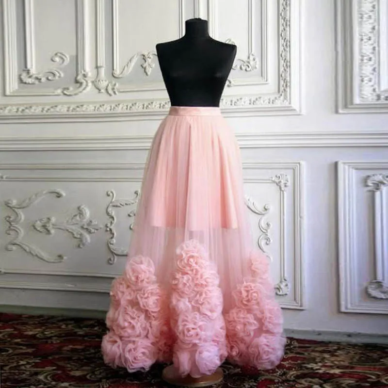 Tulle skirt blush Sheer skirt 3d rose Floral maxi skirt Flower