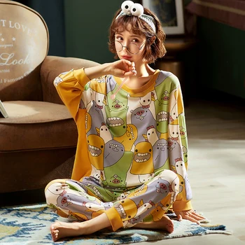 

New Fashion Women Pajamas Set Round Neck Sleepwear Cotton Pijama Feminino Women's Home Clothes Pyjama Femme
