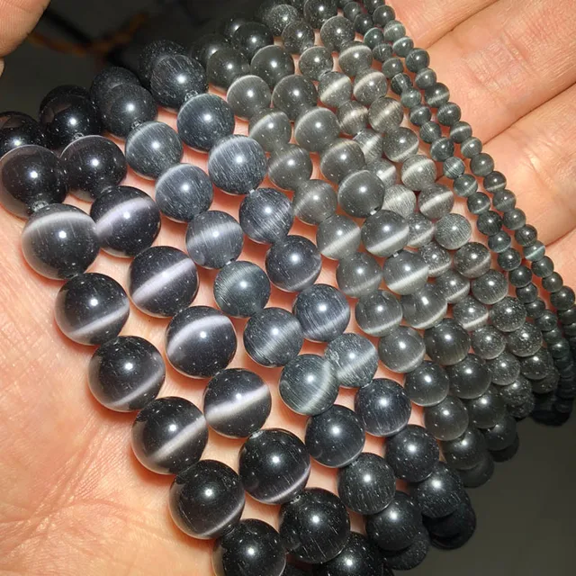 JHNBY Mixed Colors Cat's Eye opal Natural Stone 4/6/8/10/12MM Spacer glass Loose beads for Jewelry making DIY bracelets Findings Dark grey