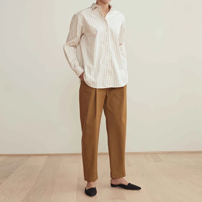 Женская мода Icon Capri Oatmeal хлопковые блузки вертикальная полоса вышитая Простая рубашка с длинными рукавами