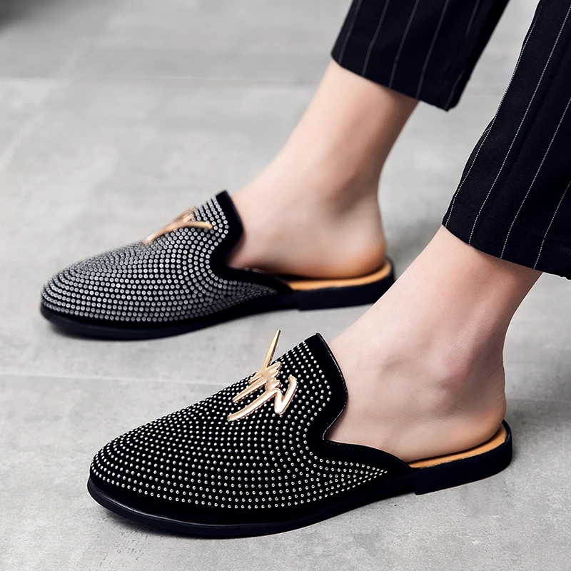 Luxury Diamond Men Slipper Mules Backless Loafers Men Leather Shoes Retro Flat Heel Party Slippers Slip On Shoes Chaussure Homme