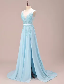 

A Line Sky Blue V Neck Chiffon Sexy Long Prom Dress 2018 Appliques Slit Lace Formal Evening Gown vestido de festa SL-E0028