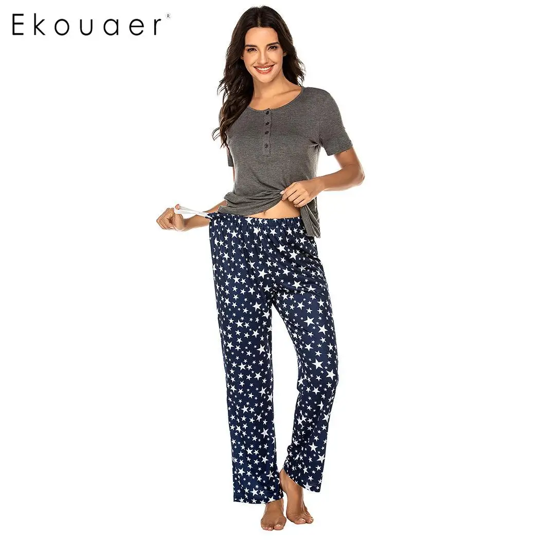 Ekouaer, пижамный комплект, Женская домашняя одежда, круглый вырез, короткий рукав, кнопка, принт, Пижамный костюм, Женская весенняя одежда для сна