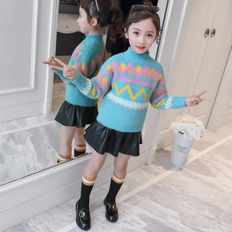 

2019 Autumn Winter New Big Girls Sweaters Korean Jacket Kids Sweaters Teen Diamond Wave Knit Sweater for Girls 8 10 12 14 Years