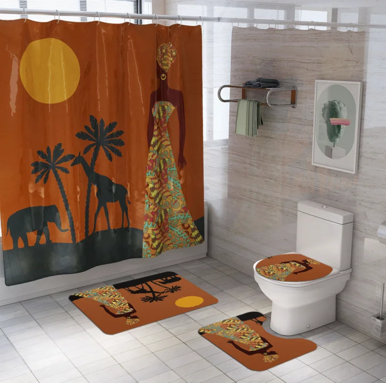 4 шт. африканская американская Женская занавеска для душа с набор ковриков для ванной комнаты Набор ковриков для унитаза набор ковриков для ванной Аксессуары для ванной набор занавесок - Цвет: Шоколад