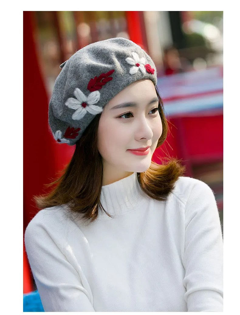 Beret Hand-Made Embroidered Flower Berets Women Autumn Winter Japanese-style Sweet Painter Cap Wool nan gua mao Korean-style
