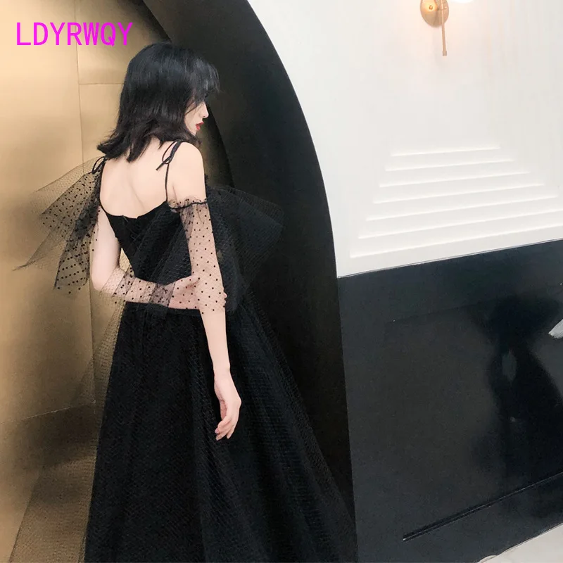 2019 new suspenders open back black retro thin party gauze fluffy dress   Zippers  Ankle-Length  Solid  Short  Office Lady