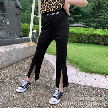 

2020 summer new girls' pants high waist elastic flared pants split nine pants