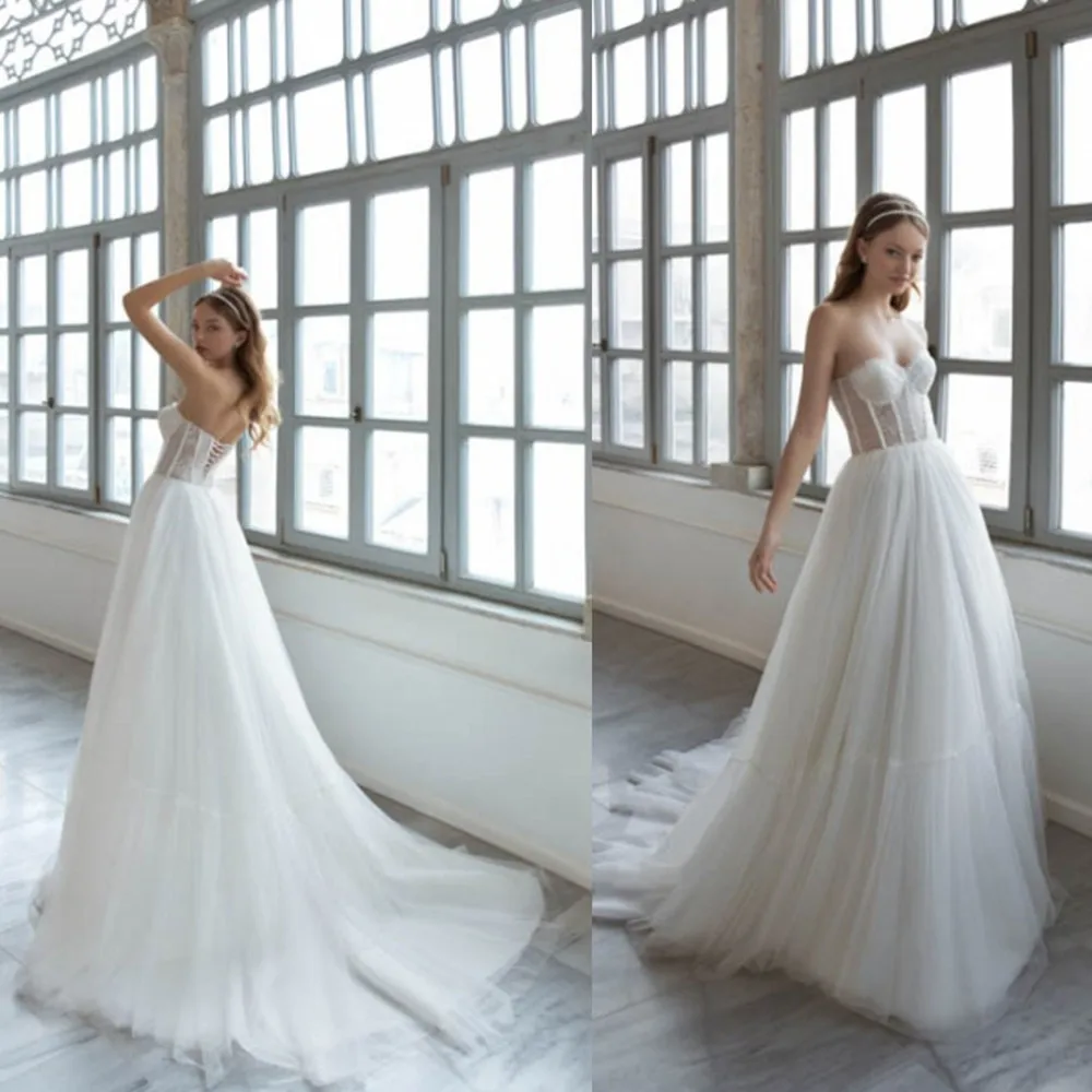 

2020 A Line Wedding Dresses Sweetheart Sleeveless Lace Appliques Bridal Gowns Lace-up Back Sweep Train Wedding Dress