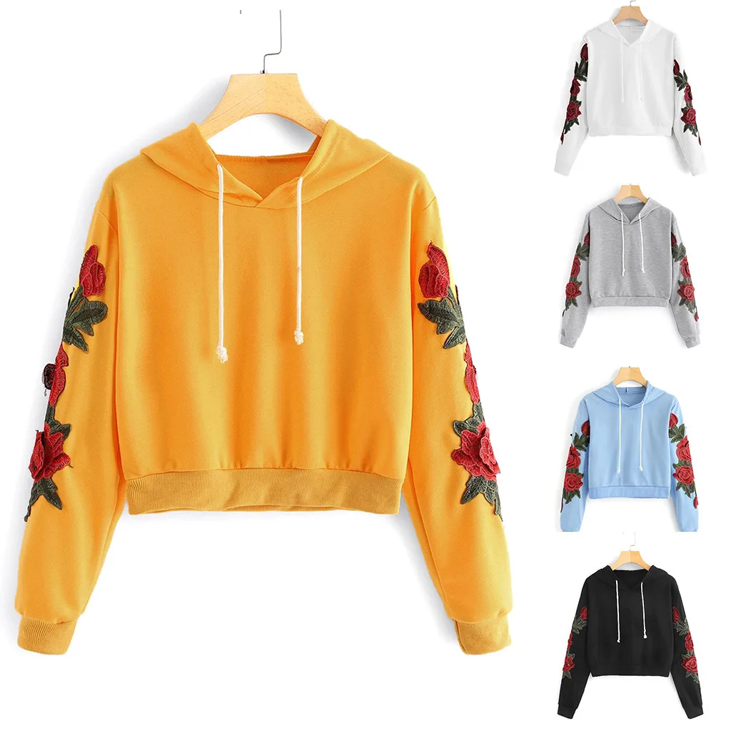 JAYCOSIN Fashion Women Casual Rose Applique Long Sleeve Sweatshirt Casual Popular Chic Solid Elegant Blouse Sweatshirt