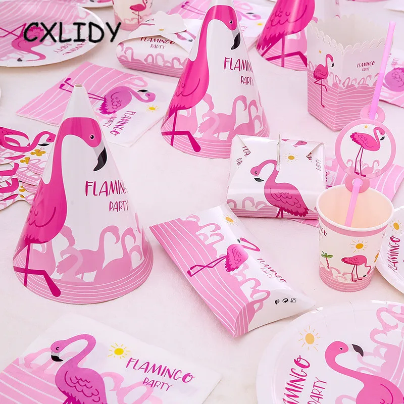 Flamingo Festival Party Set Children's Birthday Decoration Cutlery Set Paper Tray Straw Cup Candy Box Invitation Card qq173 (21)