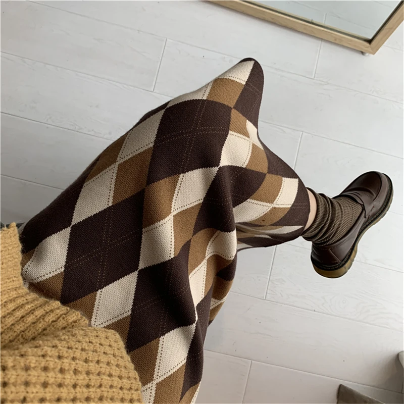 New 2021 Autumn Winter Women Skirts Knitted Fashionable Vintage Checkered Elegant Warm Wild Lady Long Skirts skater skirt