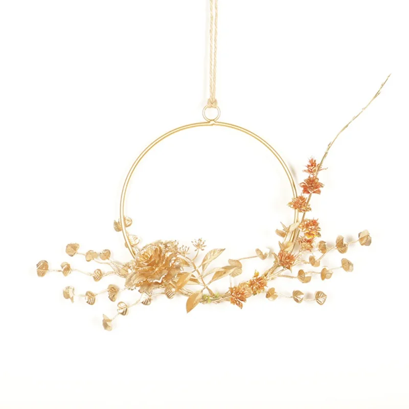 

Artificial Flowers Wreath Gold Finished Metal Round Frame Garland Pendant For Wall Window Wedding Party Home Decor