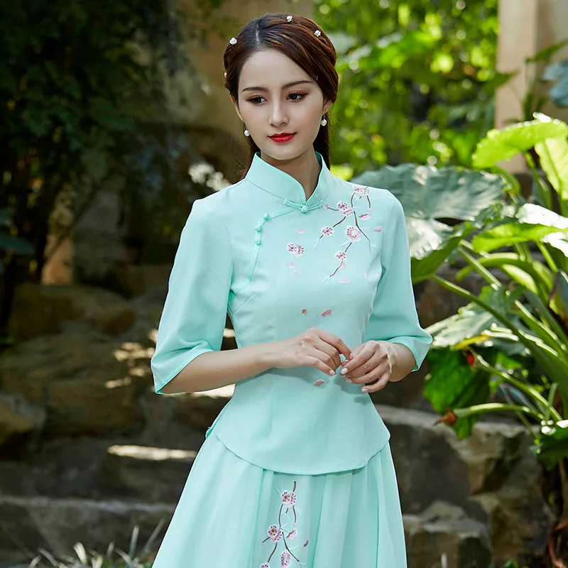 SHENG COCO зеленая китайская блузка с вышивкой Cheongsam топы Женская традиционная одежда