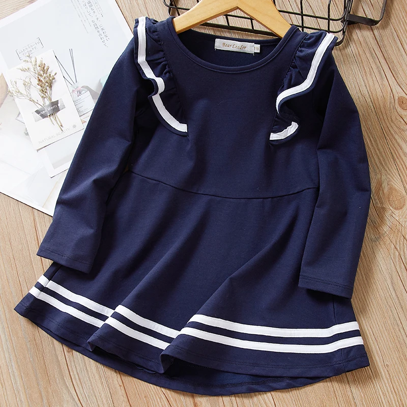 Bear Leader Girls Dress Navy Style Dress Spring Long Sleeve Puff Sleeve Princess Dresses Solid Children Dress Toddler Dresses