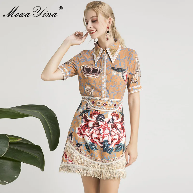 

MoaaYina Designer Runway Set Summer Women Short sleeve Angel Floral Print Beaded Vintage Shirt+Tassel Crystal Diamond Skirt Set