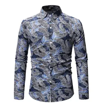 

Spring Autumn Leaves Print Men Shirt Slimed Fit Long Sleeve Turn Down Collar Top