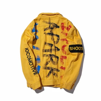 

New Arrival Men Luxurious Brand Printed Yellow Denim Jackets Teens Hole Embroidered Hip Hop Loose Jeans Jackets Coats