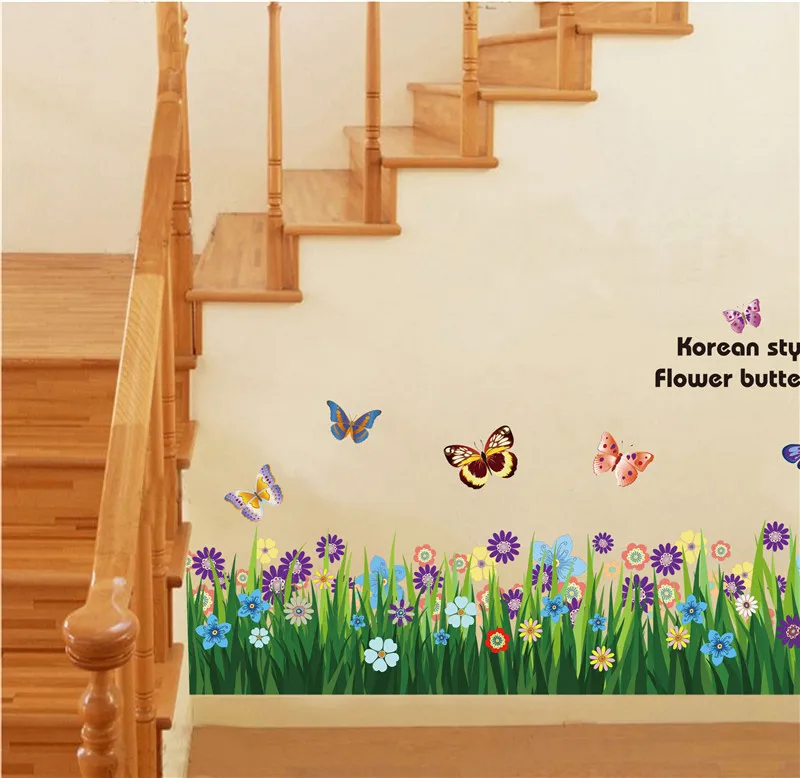 Spring Rainbow Flower Grass Butterfly DIY Home Decor Baseboard Wall Sticker Kitchen Bathroom Furniture Wedding Korean Style | Дом и сад