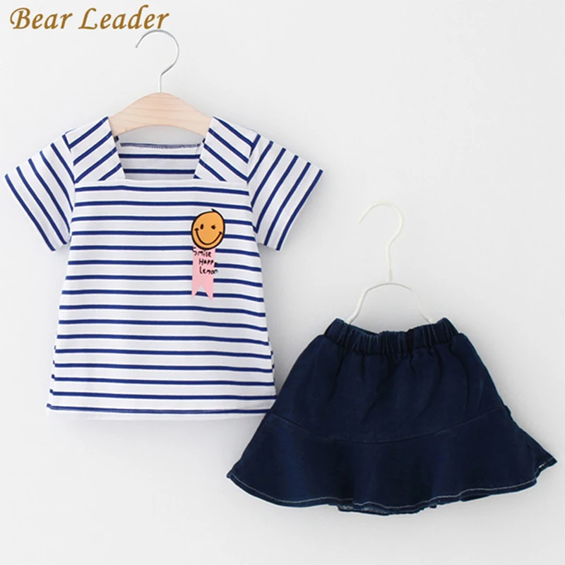 Bear Leader/комплект одежды для девочек, г. Комплекты для девочек Милая футболка с короткими рукавами и надписью+ юбка с завитым бантом 2 комплекта комплект детской одежды