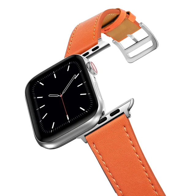 Business Real Leather Loop Bracelet Belt Band for Apple Watch SE 7654 42MM 38MM 44MM 40MM Strap on Smart iWatch 3 Watchband 45mm Classic orange