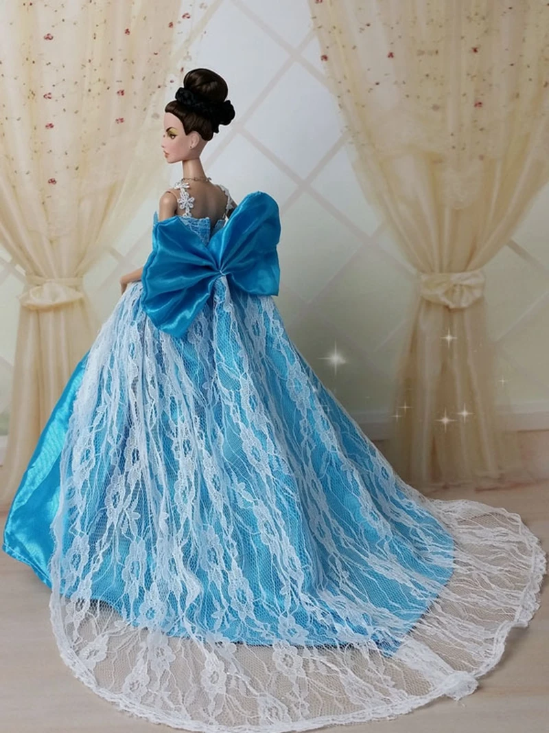 

1/6 Одежда для куклы BJD с голубым бантом, кружевное Элегантное свадебное платье для Барби, аксессуары для кукольного домика, наряд для вечерние ринки принцессы, игрушка