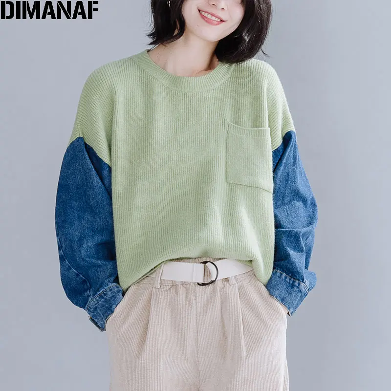  DIMANAF Winter Plus Size Women Sweater Knitting Thick Pullovers Lady Tops Cotton Denim Spliced Fash