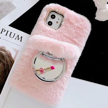 

For iPhone 11 Pro MAX Plush Makeup Mirror Bracket Phone Case For Samsung S10 Plus Winter Warm Fur Soft TPU Back Cover