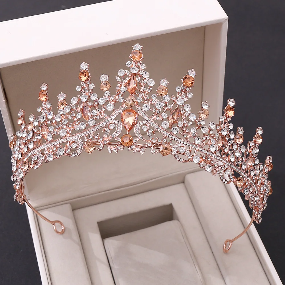 Baroque Retro  Crystal Bridal Tiaras Crown Rose Gold Peach Rhinestone Prom Diadem Bride Headband Wedding Hair Accessories