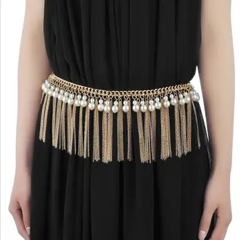 

Women Belly Dance Pearls Waist Dance Accessories Tassel Belts Bellydancing Chain White Jewelry Gold color