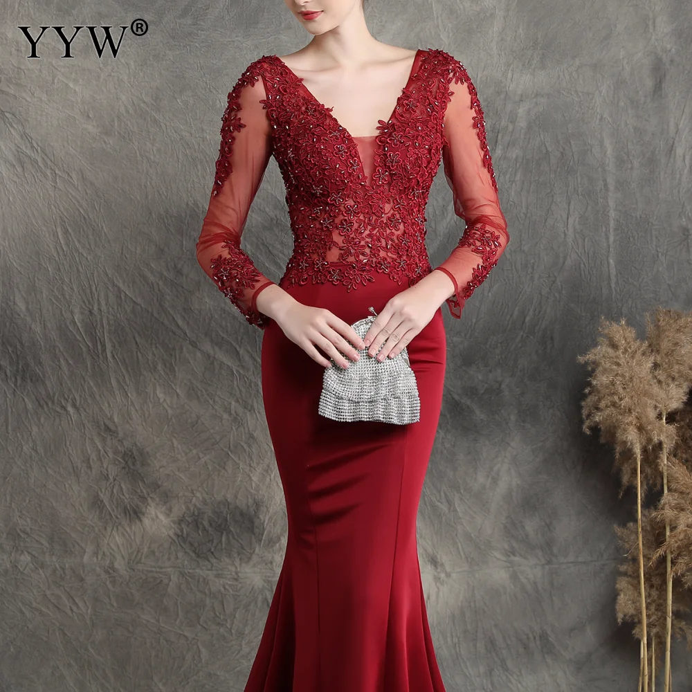 Women Evening Dress V Neck Applique Mesh Sleeve Sexy Robe De Soiree Backless Mermaid Elegant Long Party Dress Femme Formal Gowns