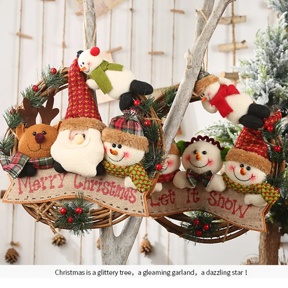 Christmas Decorations Rattan Circle Hanging Ornament For Home Office Bedroom Old Man Snowman Deer Birthday Gift For Kids