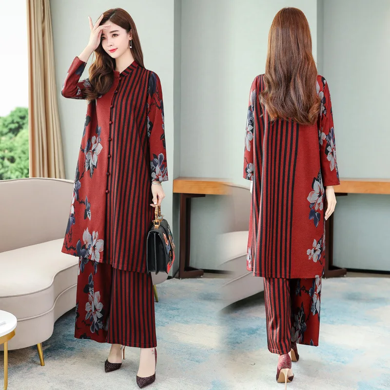 

2019 Autumn And Winter Retro Stretch Cotton Printed Irregular Long Cardigan Tops Loose-Fit Loose Pants Two-Piece Set
