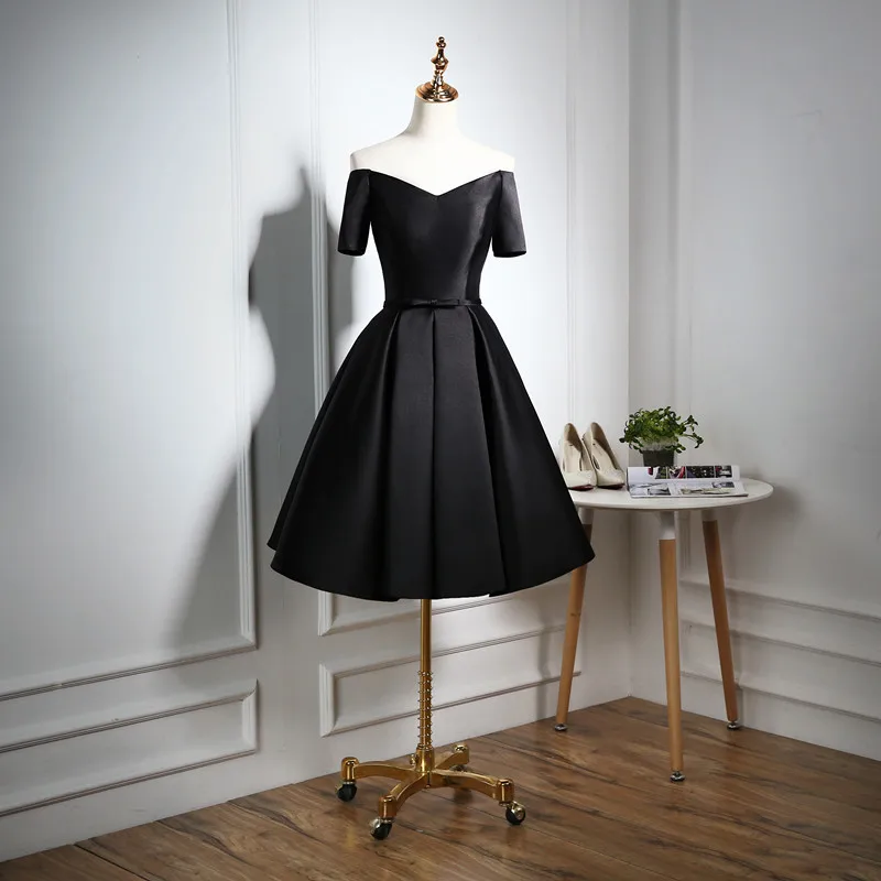 Robe De Soiree, платье для дня рождения, элегантное черное торжественное платье с вырезом лодочкой, Классические атласные вечерние платья с открытыми плечами