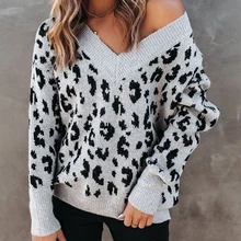 

New Autumn Winter Women Sweater Fashion Sexy V-Neck Leopard Knitted Female Pullover Long Sleeve Streetwear Pull Femme Tops