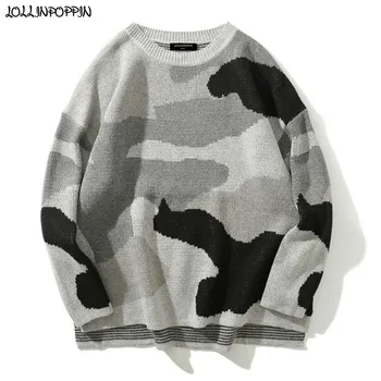 

High Street Men Oversize Camouflage Sweater Asymmetric Bottom O-Neck Mens Drop Shoulder Loose Knitted Pullovers Camo Pattern