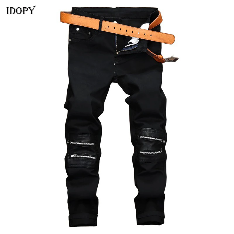 

Idopy Men Hip Hop Jeans Knee Zippers Faux Leather Patchwork Slim Fit Night Club Punk Black Denim Pants Trousers