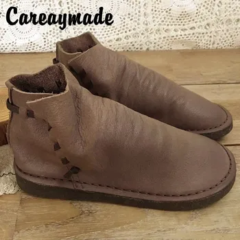 

Careaymade-Autumn Korean version of Mori series old round head soft skin real leather wrinkle comfortable women's riding boots