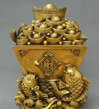 

China FengShui old bronze Fortune fish treasure bowl wealth money-box saving pot