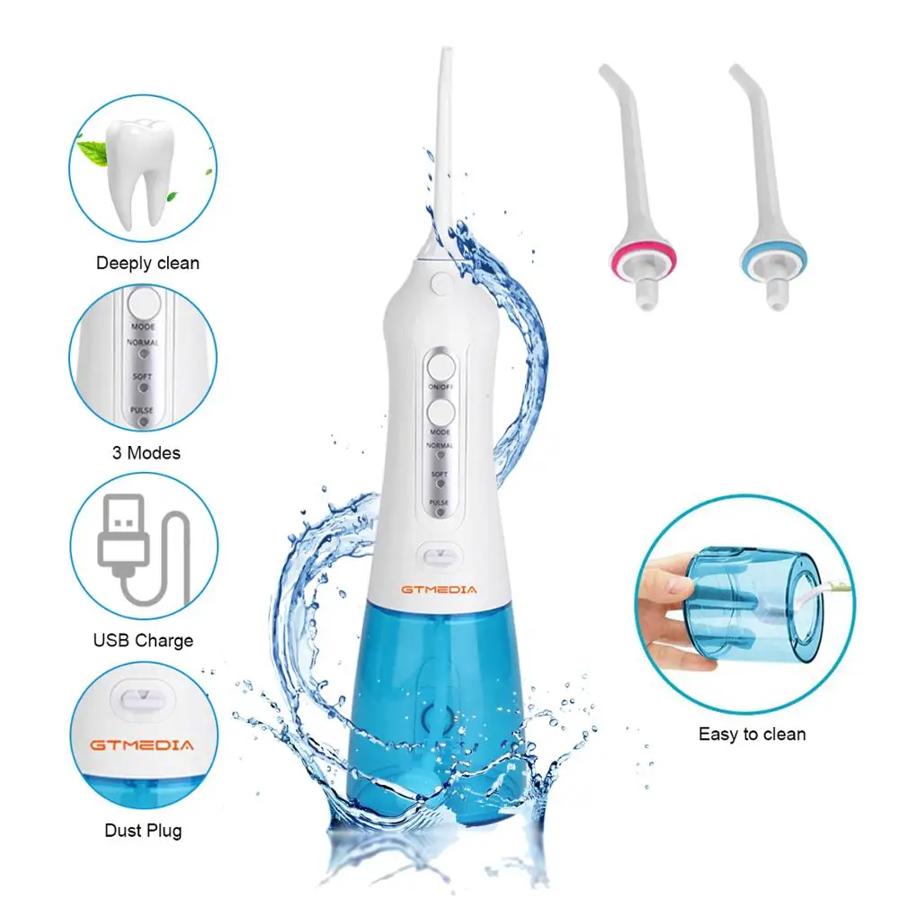 

GTMEDIA 3 Modes Oral Irrigator,USB Rechargeable Water Tank Flosse Portable Flosser 5 Jet 300ml Dental Waterproof Teeth Cleaner