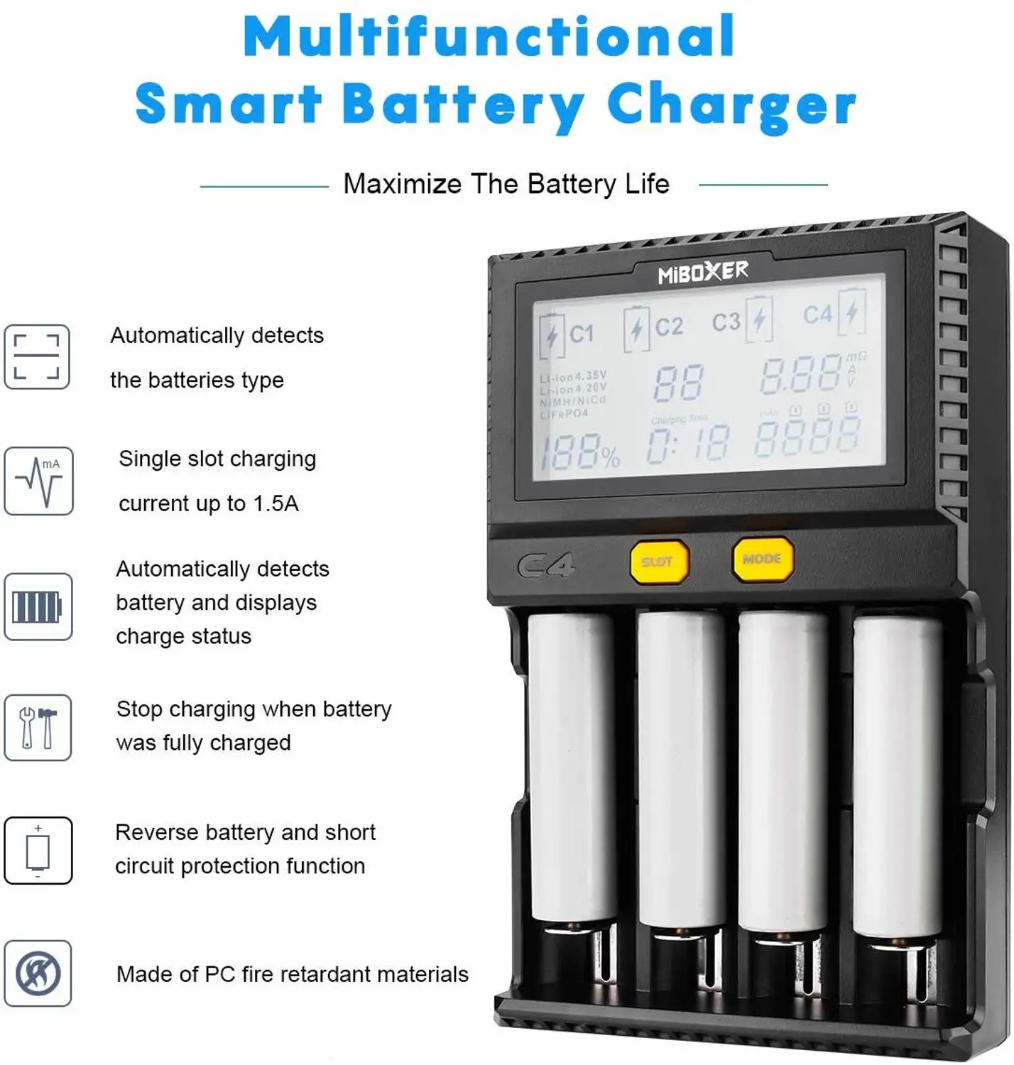 Miboxer VC4 LCD Smart Battery Charger With Car Discharger For Li-ion/IMR/INR/ICR/LiFePO4 18650 14500 26650 AAA 100-800mah charger adapter battery charger usb charging cable battery charger adapter
